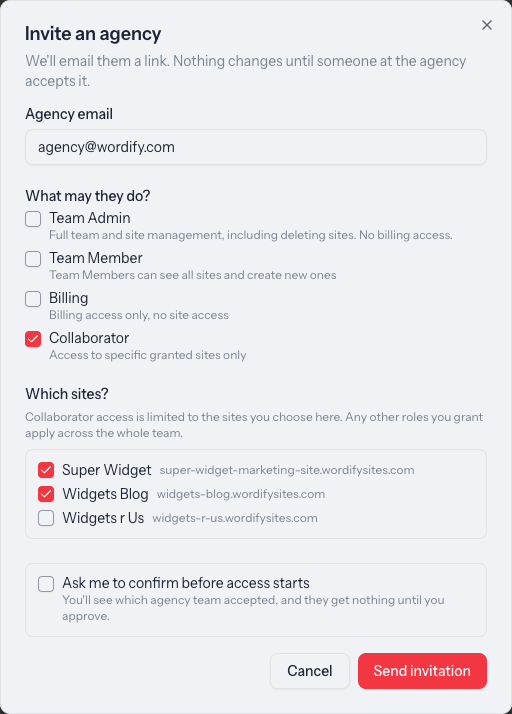 The Invite an agency dialog in the Wordify Console: agency email, role checkboxes, a site picker, and an option to confirm before access starts