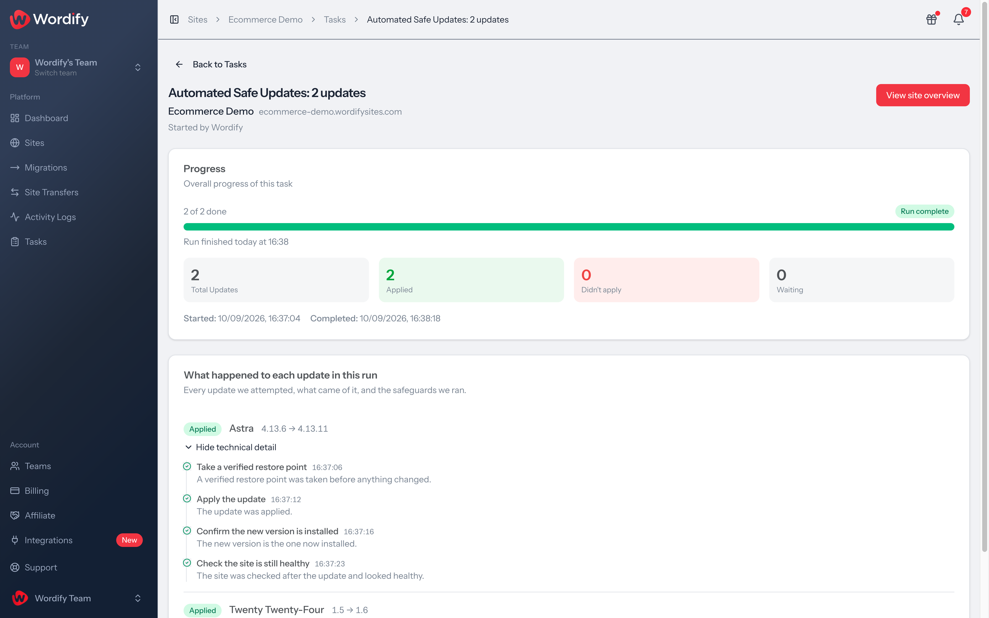 A completed Automated Safe Updates run on the Tasks page, showing each update's outcome and the safeguards that ran