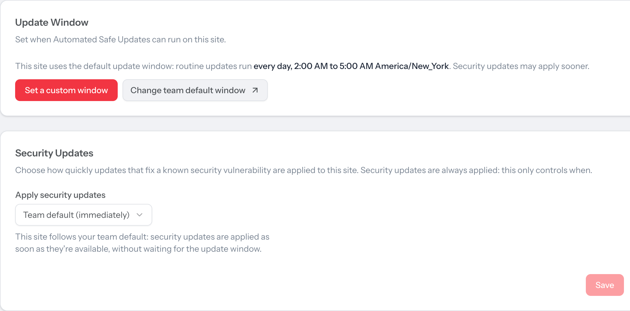 The Update Window and Security Updates cards on a site's Updates page in the Wordify Console
