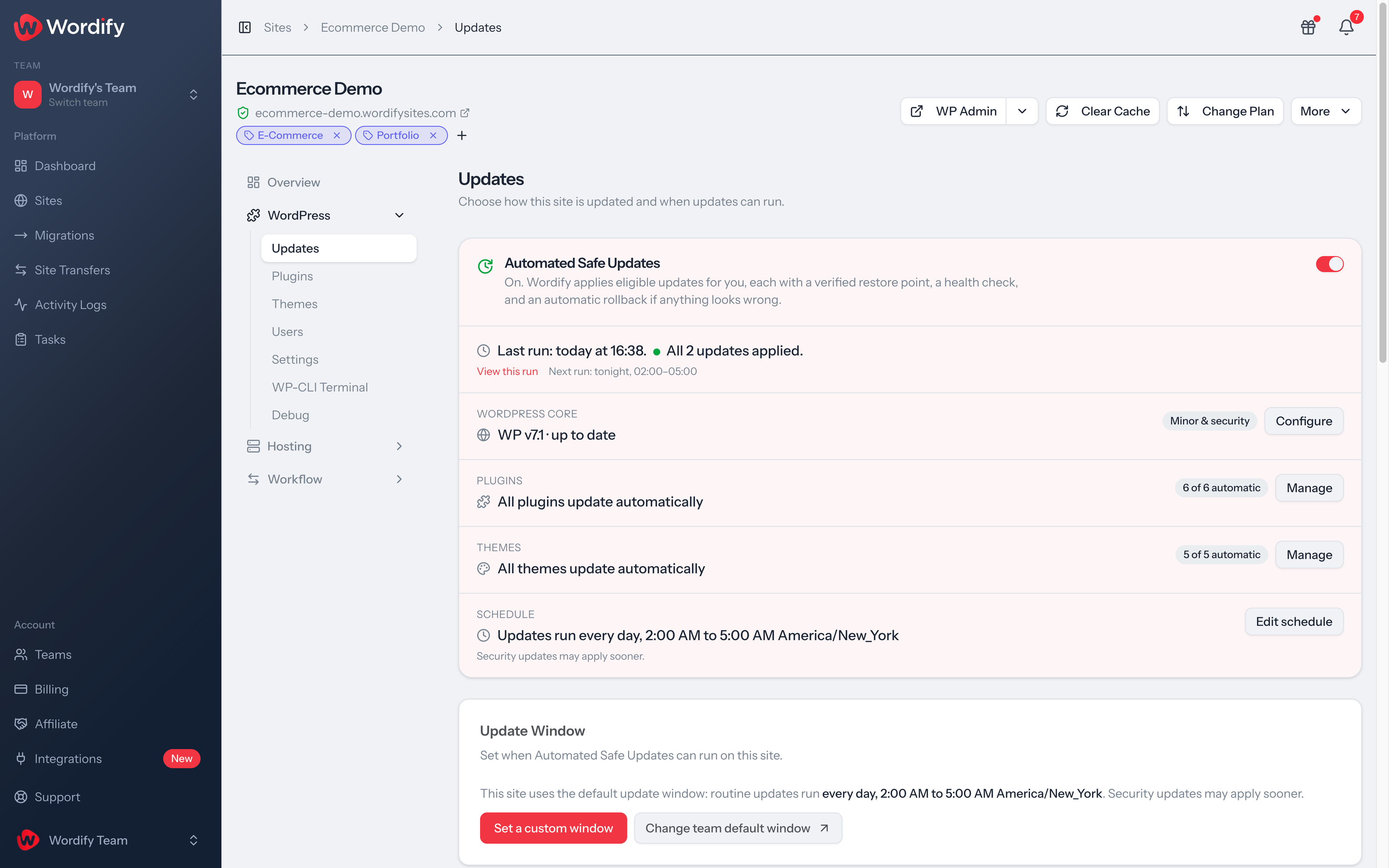 The Updates page in the Wordify Console with Automated Safe Updates turned on, showing the last run, core, plugins, themes and schedule