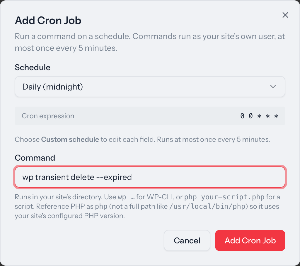 The Add Cron Job dialog with a schedule preset, live cron expression, and command field