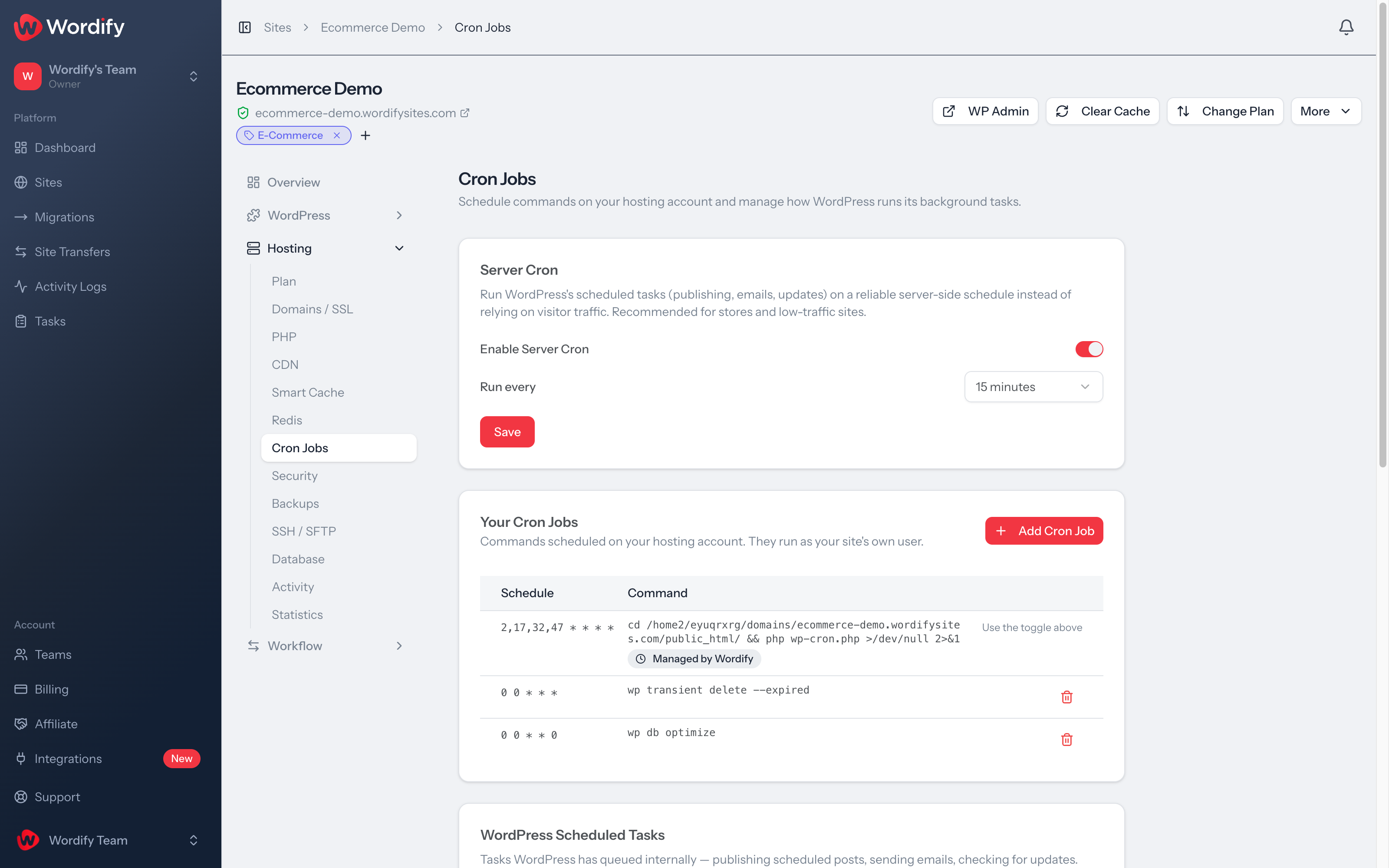 The Cron Jobs tab in the Wordify Console showing the Server Cron toggle and custom cron jobs