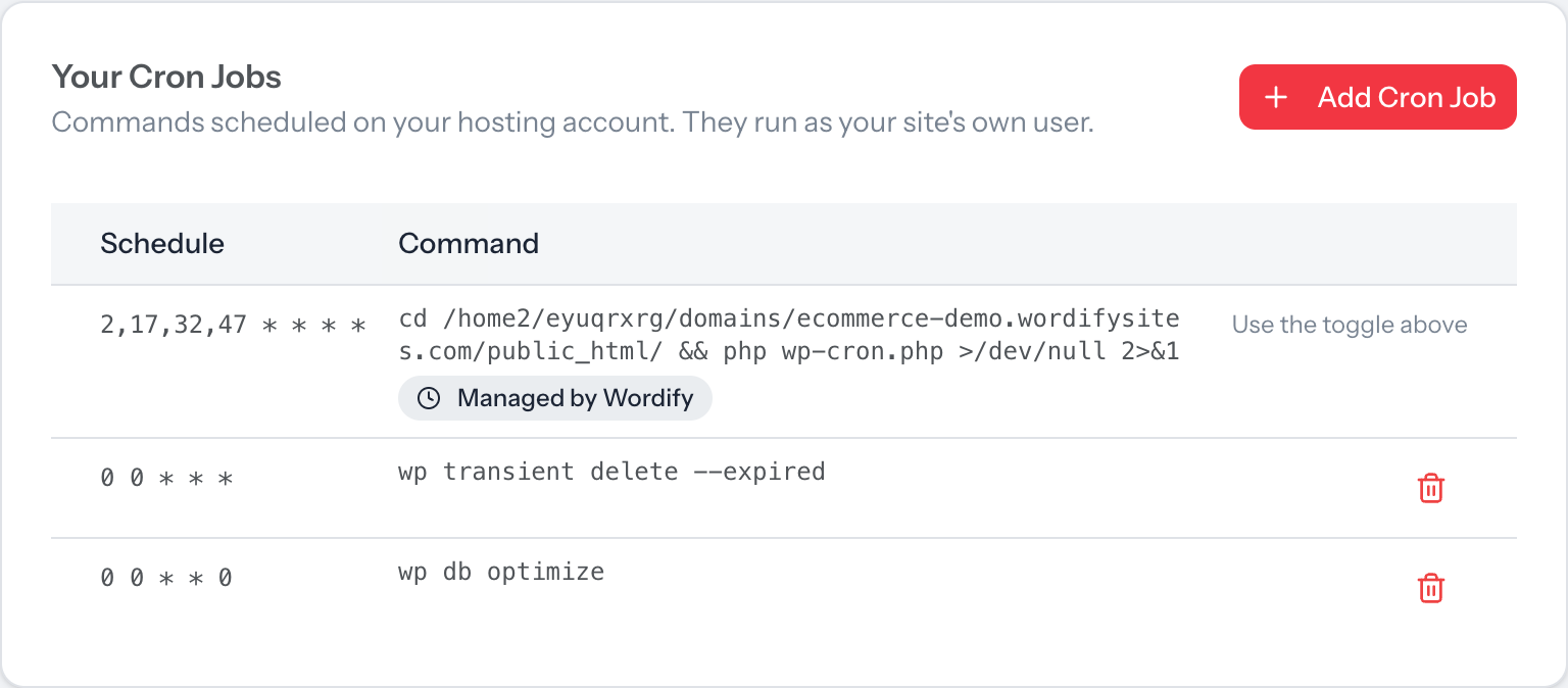 The cron job list showing the managed Server Cron entry alongside custom jobs