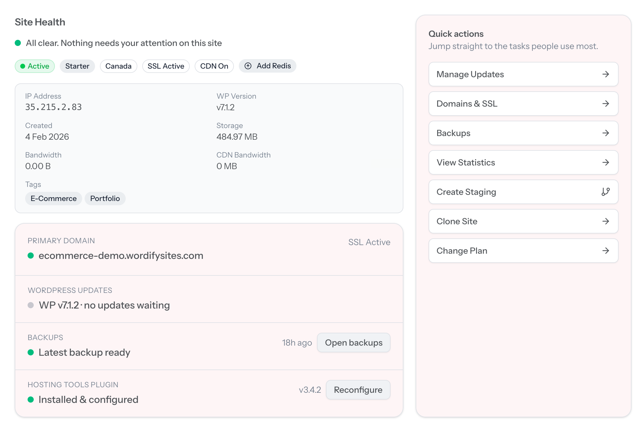 A site's overview in Wordify: Site Health reads All clear, nothing needs your attention, with SSL active, WordPress up to date, and the latest backup ready