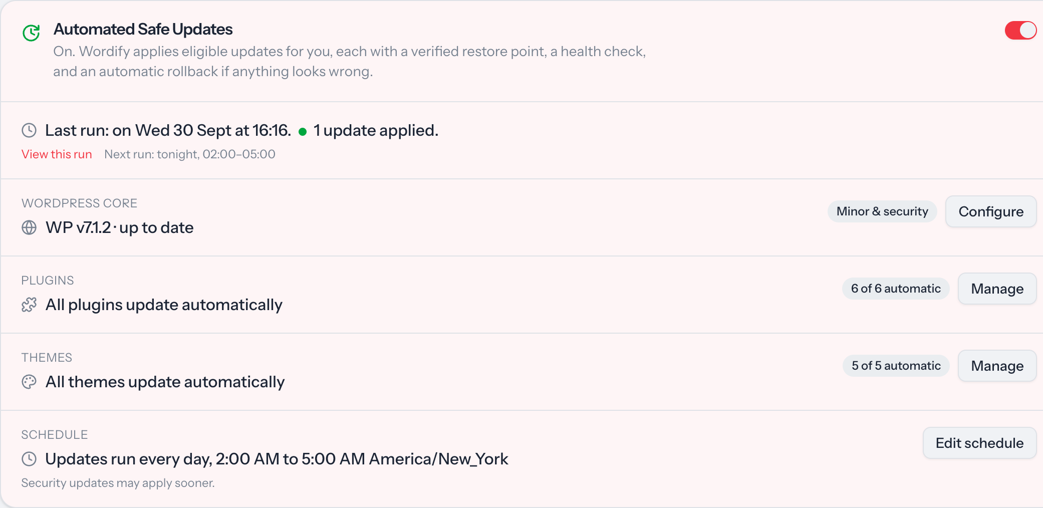 The Automated Safe Updates card for a site in Wordify: switched on, the last run applied every update, and plugins and themes update automatically