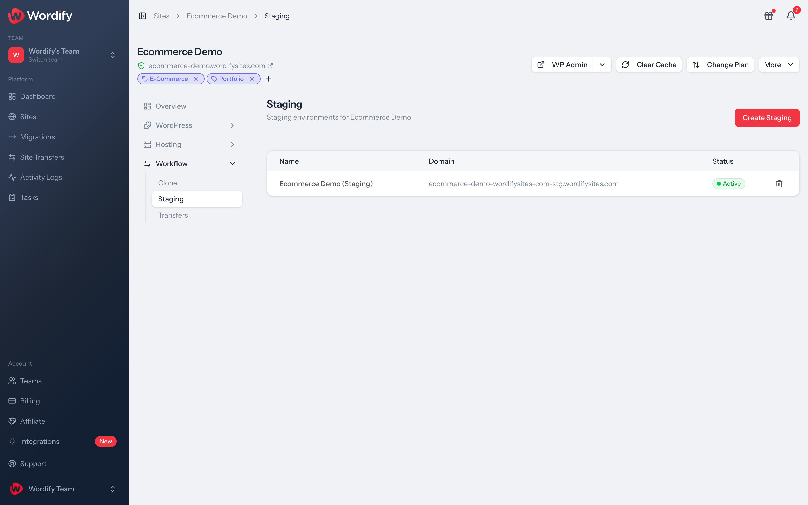 A site's Staging page in the Wordify Console, with options to sync from production and push to production