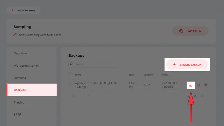 Wordify’s Create Backup Feature