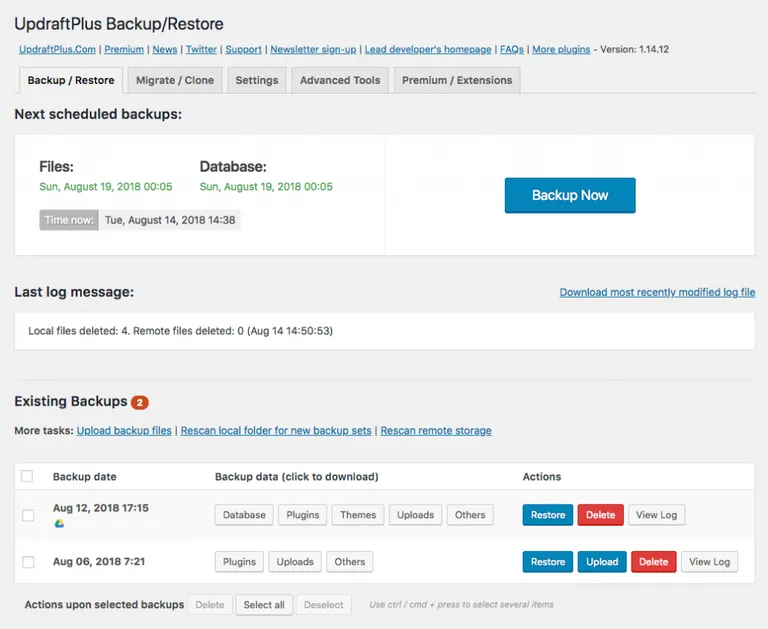 UpdraftPlus Backup/Restore Screenshot