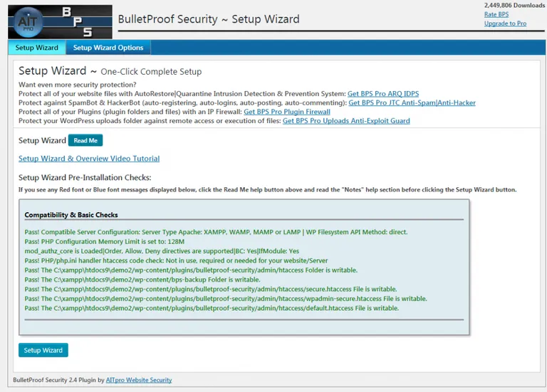 One-click complete setup of BulletProof Security