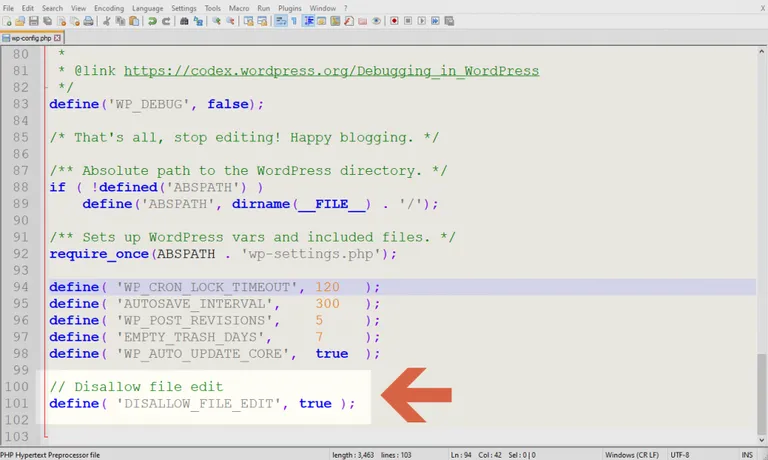 How to add the file editor disabling code on the WordPress config file.