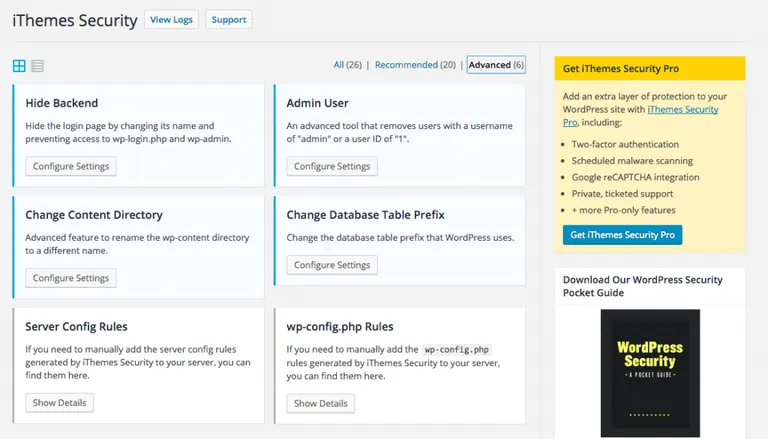 The dashboard of iThemes Security plugin