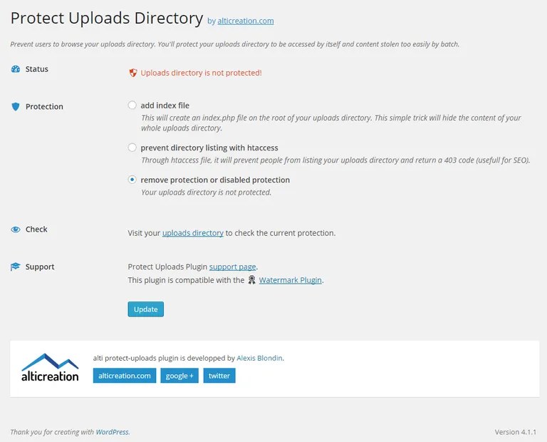 How the Prevent Direct Access plugin looks after installation