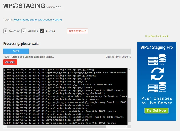 The WP Staging plugin