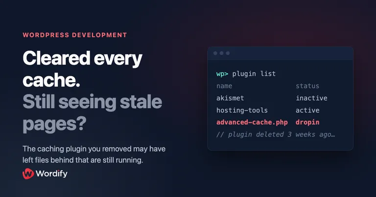 Terminal showing an orphaned advanced-cache.php drop-in left behind by a deleted caching plugin