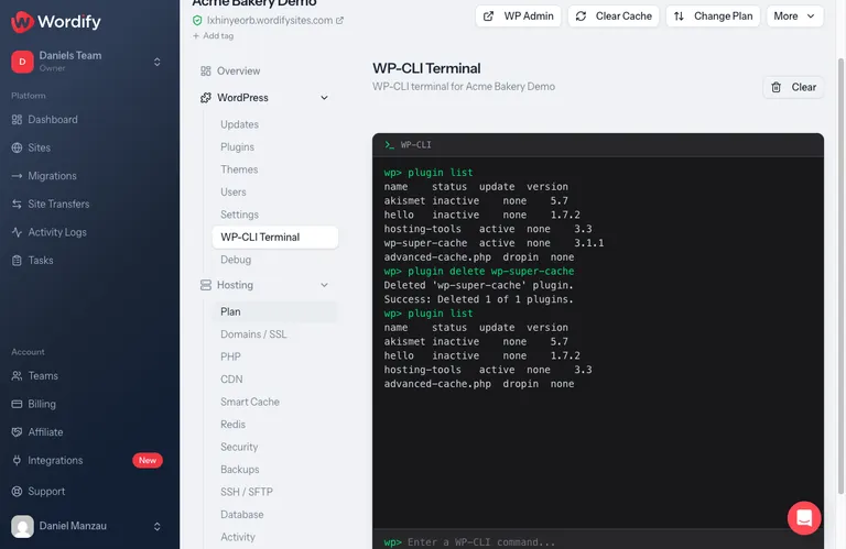 WP-CLI terminal: wp plugin delete wp-super-cache succeeds, and the next plugin list still shows advanced-cache.php as a drop-in