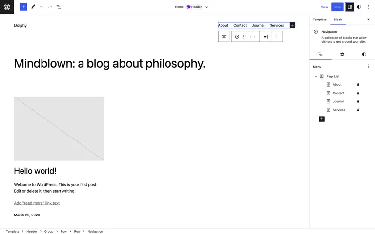 Editing menu items from the Navigation block's new sidebar list in WordPress 6.2.