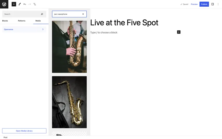 Openverse image search built into the WordPress 6.2 block inserter.