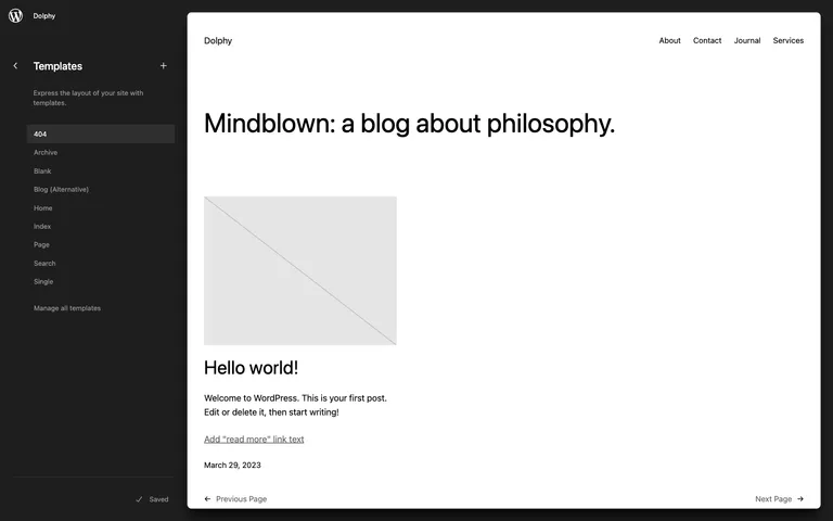 The WordPress 6.2 Site Editor showing the new template browsing sidebar and a live preview of the Home template.