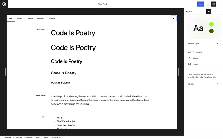 The new Style Book in WordPress 6.2 previewing every block's styles in one screen.