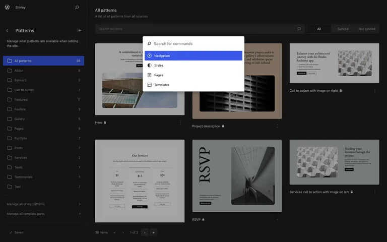 The refreshed Command Palette in WordPress 6.4 showing quick actions.