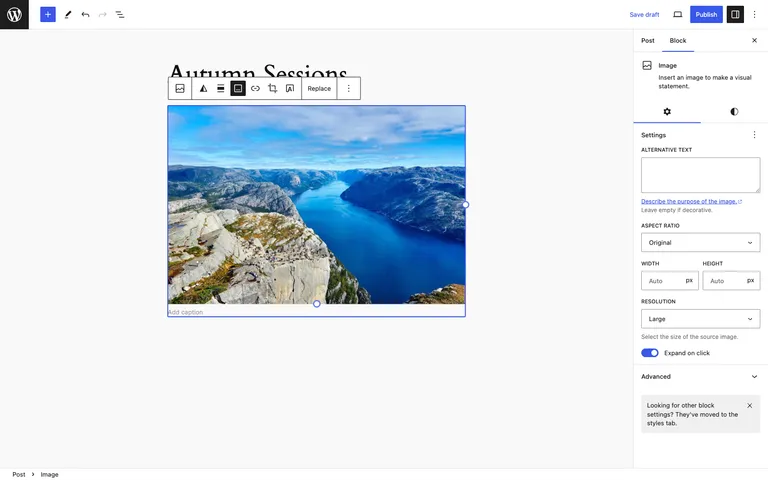 The new Expand on click lightbox setting on an Image block in WordPress 6.4.