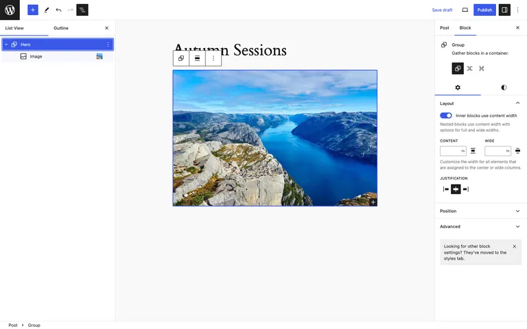 List View in WordPress 6.4 showing image thumbnails and a renamed Group block.