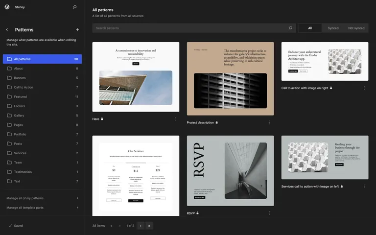 The Twenty Twenty-Four theme's pattern library in the WordPress 6.4 Site Editor.