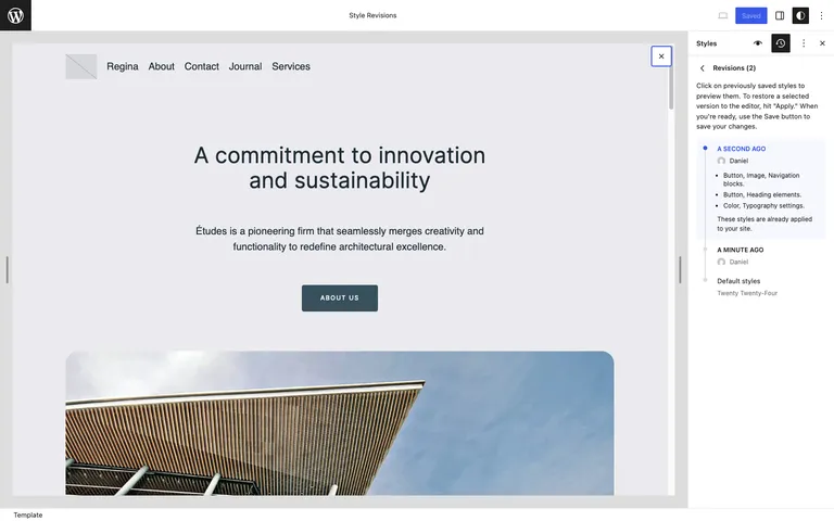Style revisions with timestamps and summaries in the WordPress 6.5 Site Editor.