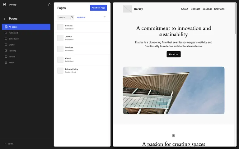 The side-by-side Pages view with live preview in the WordPress 6.6 Site Editor.