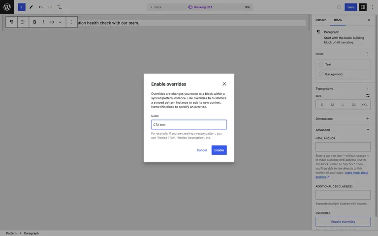 Enabling overrides on a synced pattern block in WordPress 6.6.