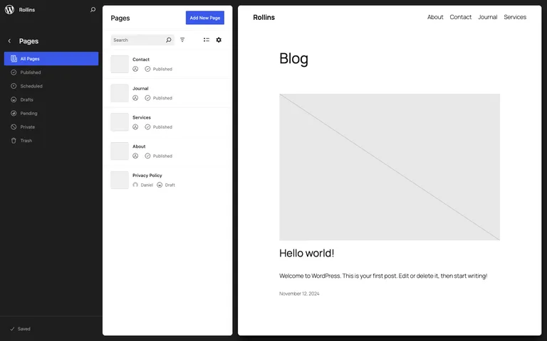 The Pages data view in the WordPress 6.7 Site Editor with status filters and a live preview.