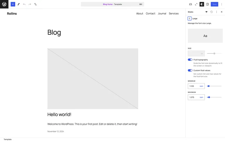 The new font size preset management UI in WordPress 6.7.