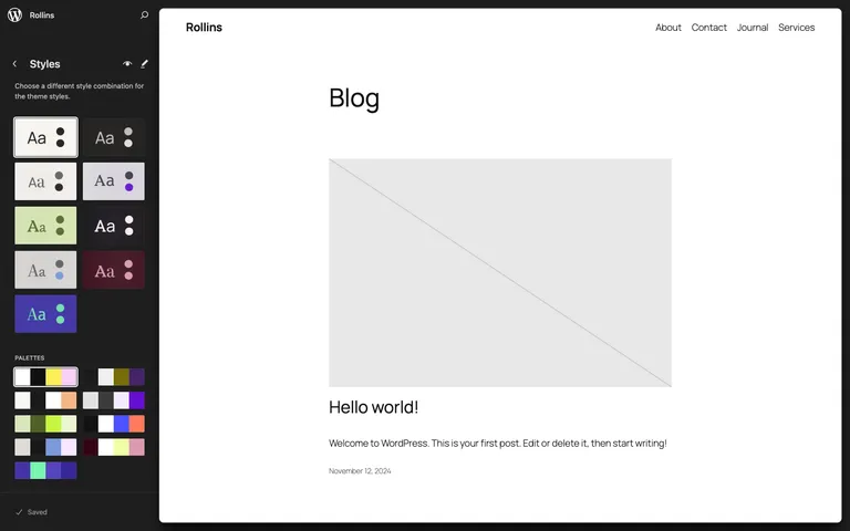 The nine Twenty Twenty-Five style variations in the WordPress 6.7 Site Editor.