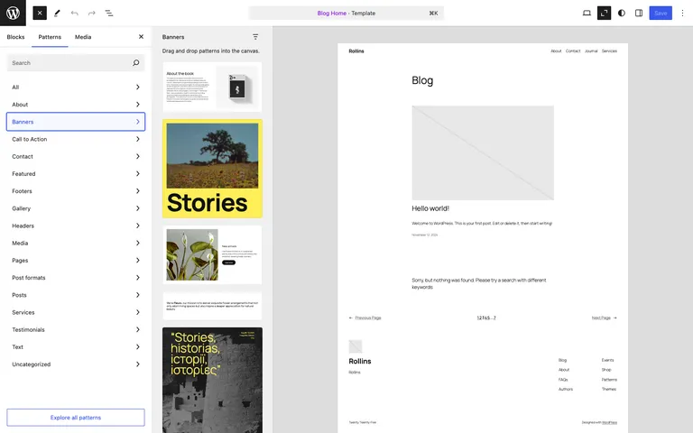 Zoom Out mode in the WordPress 6.7 editor showing a full page composed of patterns.