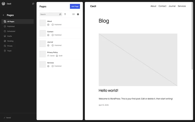 The refined Data Views interface for Pages in the WordPress 6.8 Site Editor.
