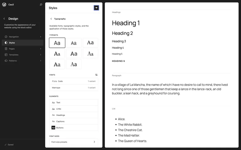 The redesigned Style Book in WordPress 6.8 with its structured layout and clearer labels.