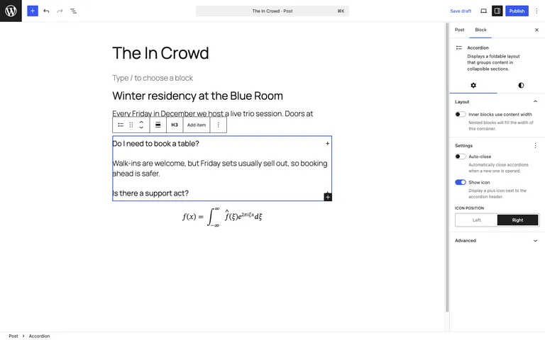 The new Accordion block in the WordPress 6.9 editor with its settings panel.