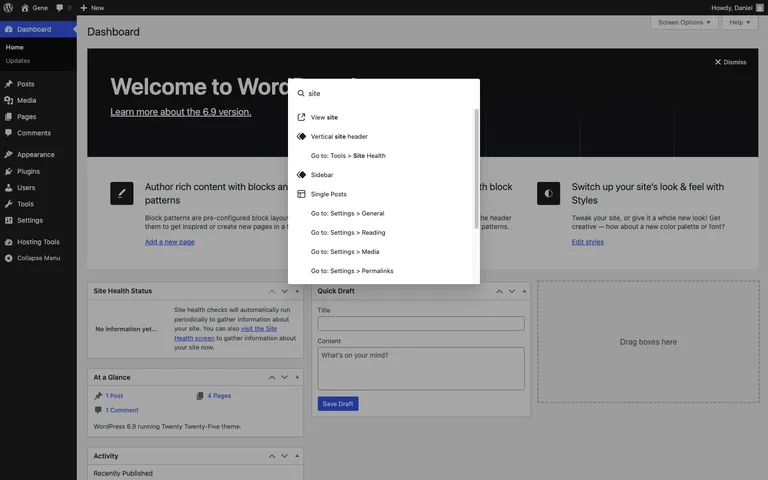 The Command Palette open on a WordPress 6.9 dashboard screen outside the editor.