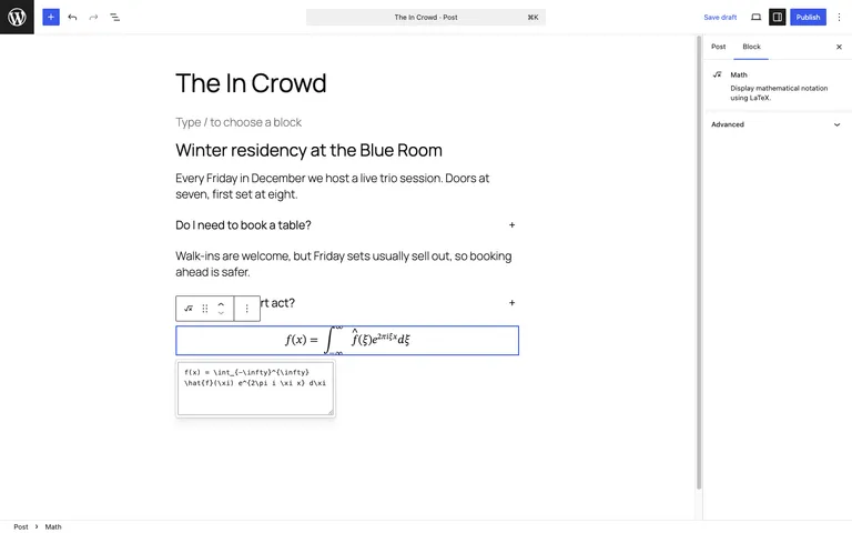The new Math block rendering a LaTeX formula in the WordPress 6.9 editor.