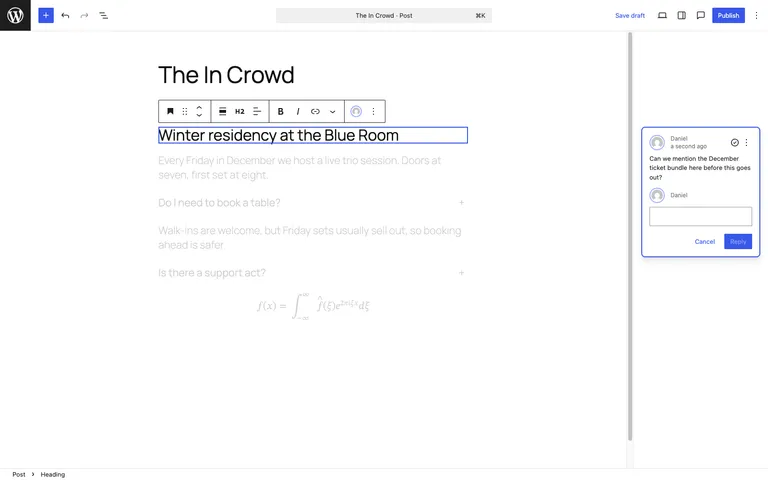 A block-level note with a reply thread in the WordPress 6.9 editor.