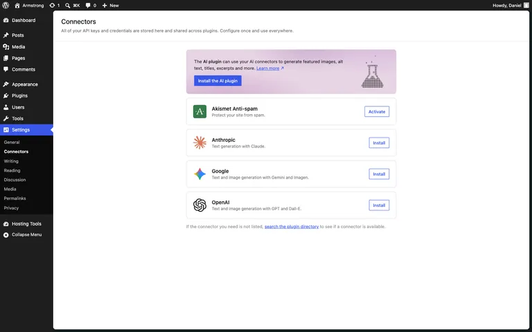 The Connectors screen in WordPress 7.0 core, showing Anthropic, Google, and OpenAI connection presets.