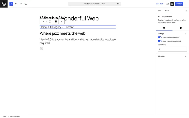 The new Breadcrumbs block in the WordPress 7.0 editor.