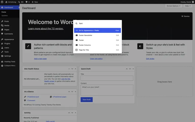 The Command Palette open on the WordPress 7.0 dashboard.