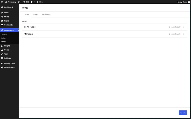 The dedicated font management page in WordPress 7.0.