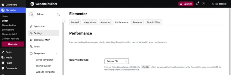 Elementor's Performance settings with CSS Print Method set to External File