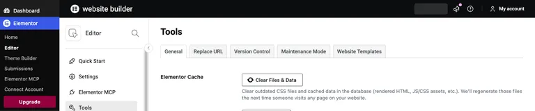 The Clear Files & Data button on the General tab of Elementor's Tools page