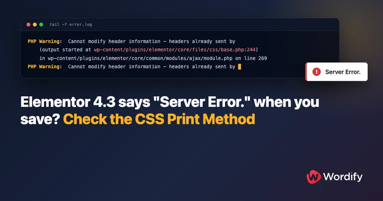 Error log showing PHP Warning: Cannot modify header information - headers already sent by elementor/core/files/css/base.php:244, next to an Elementor "Server Error." message